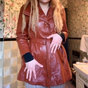 Vintage red / maroon leather trench / pea coat / jacket wrap outerwear with tie
